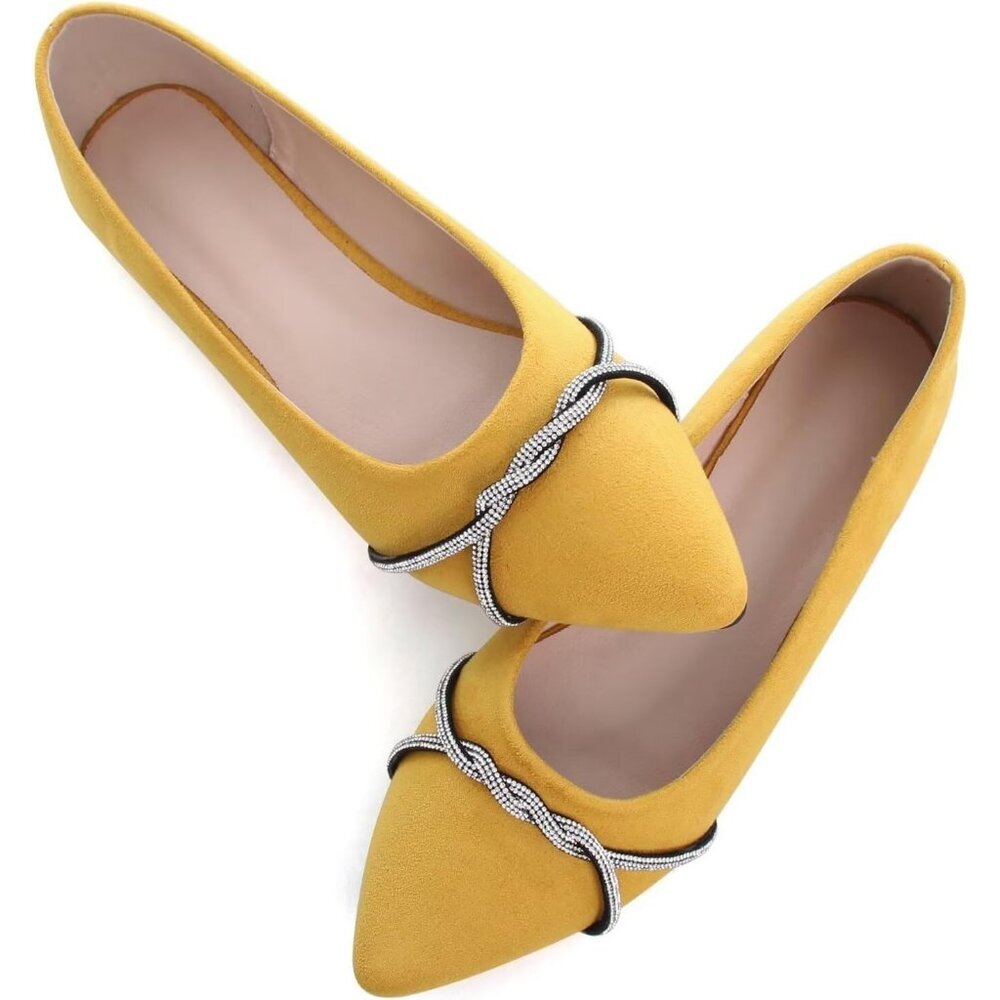 Women's Yellow Casual Flats Fashion Chain Pointed Toe Ballet Flat Rhinestone - Picture 3 of 7
